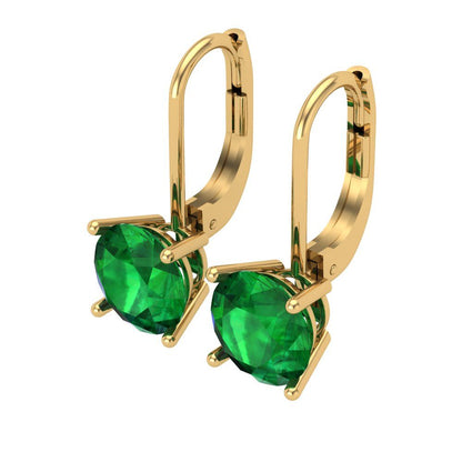 4 ctw Emerald Drop Dangle Earrings | 8.0mm Round Cut White Gold Lever Back | May Birthstone