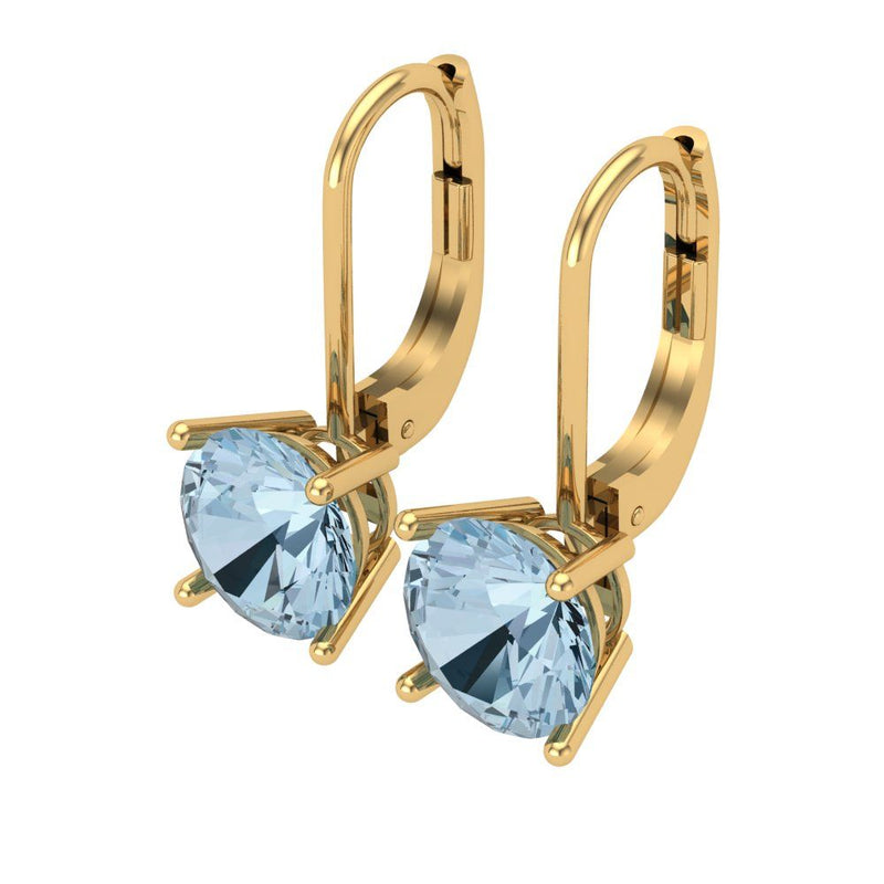 4 ct Brilliant Round Cut Drop Dangle Natural Aquamarine Stone Yellow Gold Earrings Lever Back