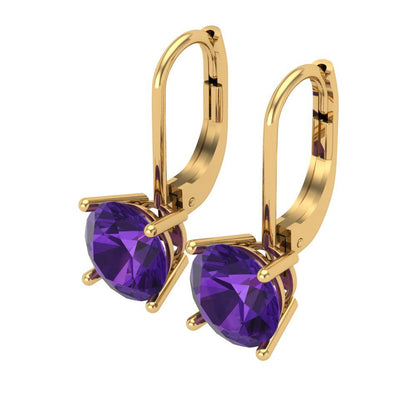 4 ctw Amethyst Drop Dangle Earrings | 8.0mm Round Cut White Gold Lever Back | February Birthstone