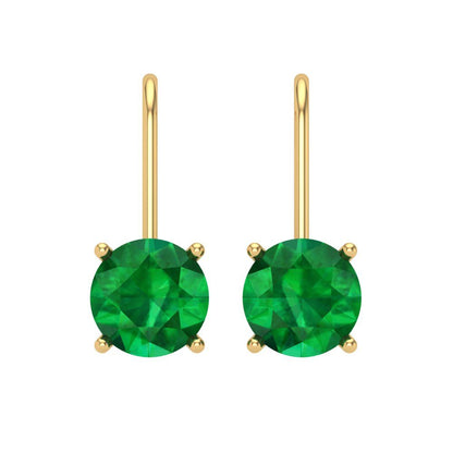 4 ctw Emerald Drop Dangle Earrings | 8.0mm Round Cut White Gold Lever Back | May Birthstone