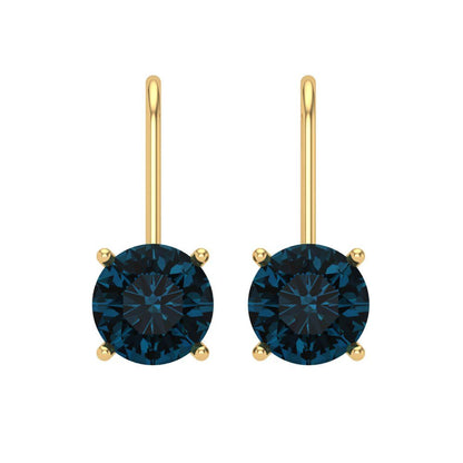 4 ctw London Blue Topaz Drop Dangle Earrings | 8.0mm Round Cut White Gold Lever Back | December Birthstone