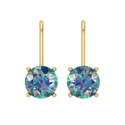 4 ctw Blue Moissanite Drop Dangle Earrings | 8.0mm Round Cut White Gold Lever Back | April Birthstone