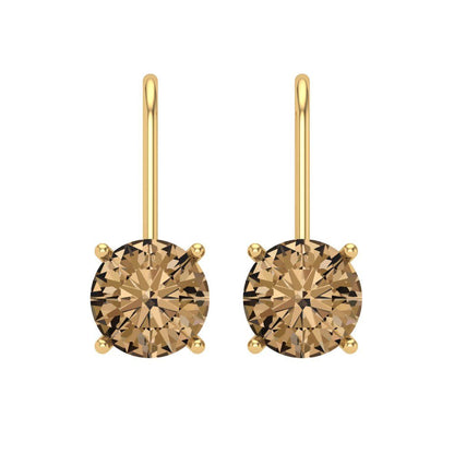4 ctw Champagne Drop Dangle Earrings | 8.0mm Round Cut White Gold Lever Back | April Birthstone