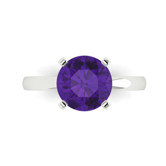 3 cttw Natural Amethyst Solitaire  Engagement Ring - Solid White Gold (VVS1, Round Cut,9mm)