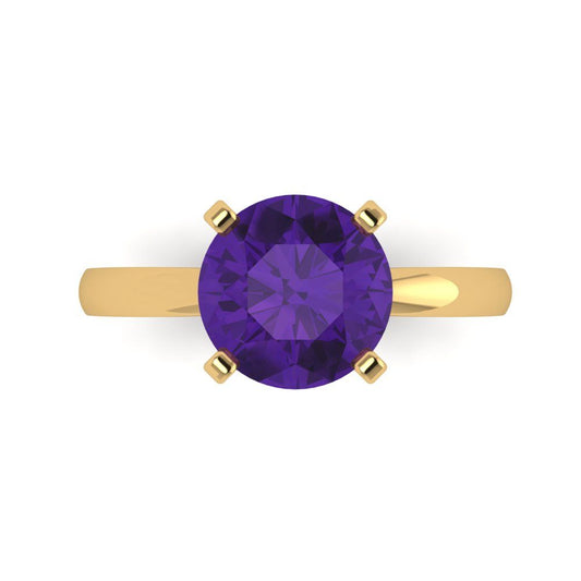 3 cttw Natural Amethyst Solitaire  Engagement Ring - Solid Yellow Gold (VVS1, Round Cut,9mm)