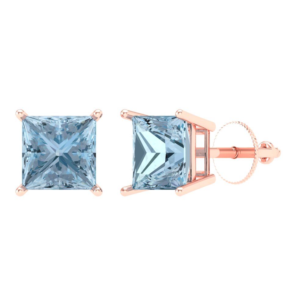3 ctw Blue Zirconia Studs Earrings | 6.5mm Princess Cut White Gold Screw back | April Birthstone