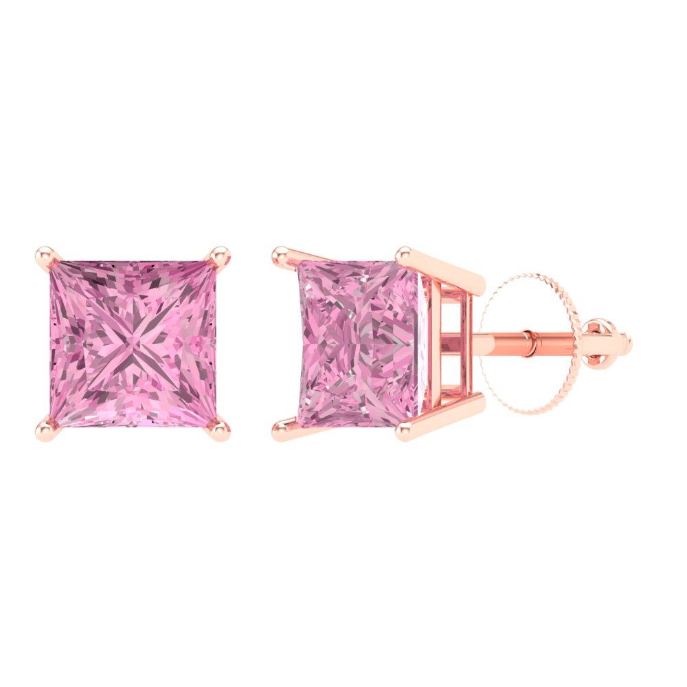3 ctw Pink Zirconia Studs Earrings | 6.5mm Princess Cut White Gold Screw back | April Birthstone