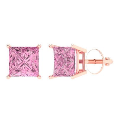 3 ctw Pink Zirconia Studs Earrings | 6.5mm Princess Cut White Gold Screw back | April Birthstone