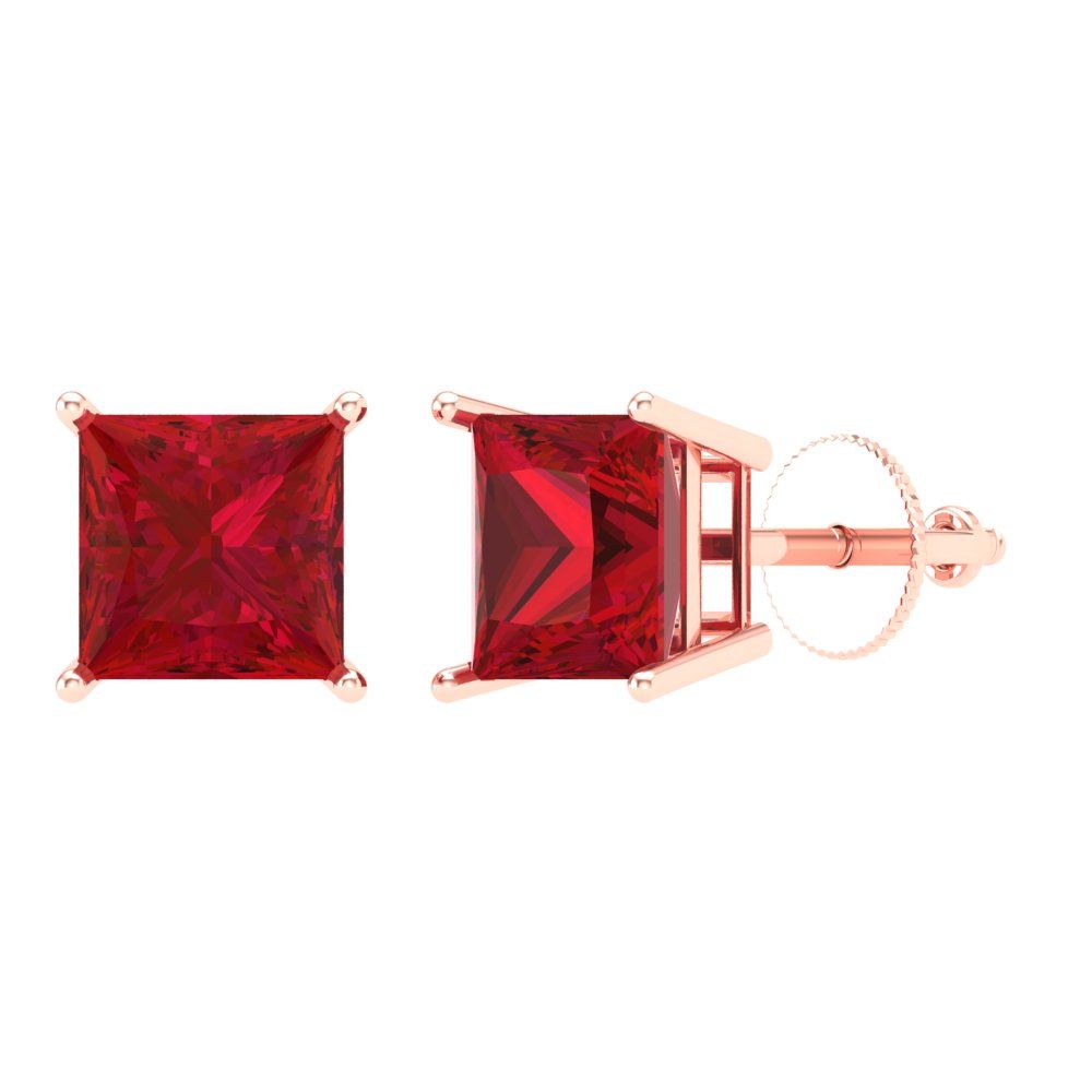 3 ctw Pink Tourmaline Studs Earrings | 6.5mm Princess Cut White Gold Screw back | April Birthstone