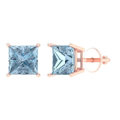 3 ctw Aquamarine Studs Earrings | 6.5mm Princess Cut White Gold Screw back | March Birthstone