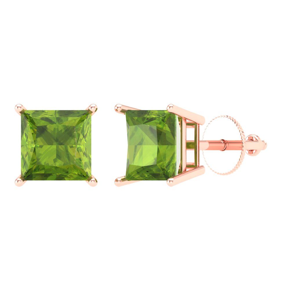 3 ctw Peridot Studs Earrings | 6.5mm Princess Cut White Gold Screw back | August Birthstone
