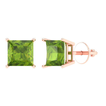3 ctw Peridot Studs Earrings | 6.5mm Princess Cut White Gold Screw back | August Birthstone