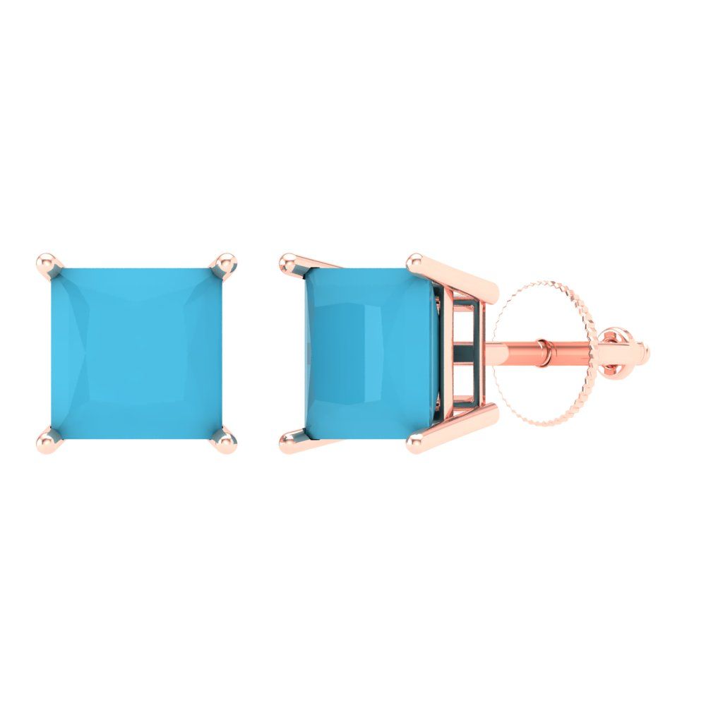 3 ctw Turquoise Studs Earrings | 6.5mm Princess Cut White Gold Screw back | December Birthstone