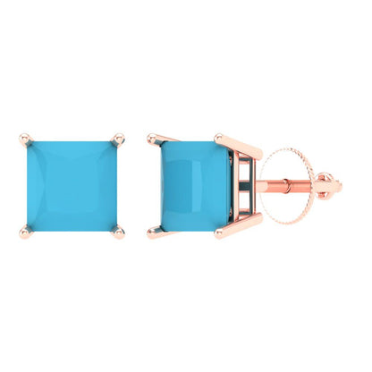 3 ctw Turquoise Studs Earrings | 6.5mm Princess Cut White Gold Screw back | December Birthstone