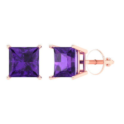 3 ctw Amethyst Studs Earrings | 6.5mm Princess Cut White Gold Screw back | February Birthstone