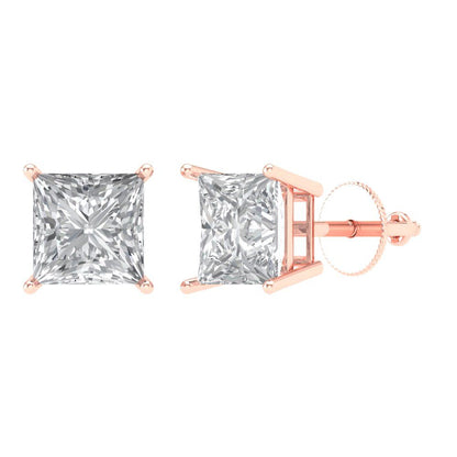 3 ctw Moissanite Studs Earrings | 6.5mm Princess Cut White Gold Screw back | April Birthstone