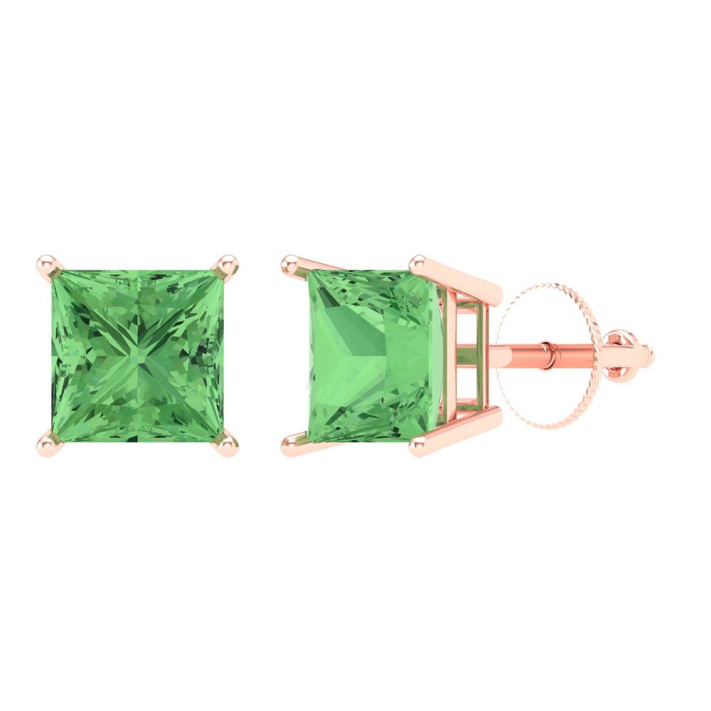 3 ctw Green Zirconia Studs Earrings | 6.5mm Princess Cut White Gold Screw back | April Birthstone