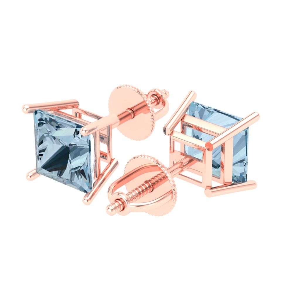 3 ctw Sky Blue Topaz Studs Earrings | 6.5mm Princess Cut White Gold Screw back | December Birthstone