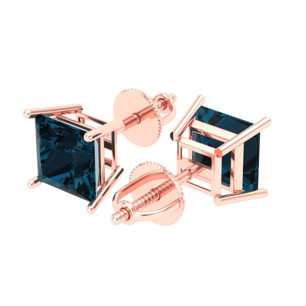 3 ctw London Blue Topaz Studs Earrings | 6.5mm Princess Cut White Gold Screw back | December Birthstone