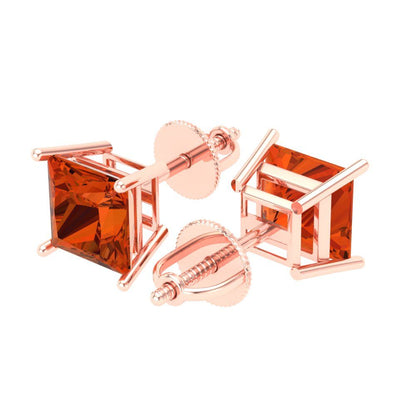 3 ctw Red Zirconia Studs Earrings | 6.5mm Princess Cut White Gold Screw back | April Birthstone