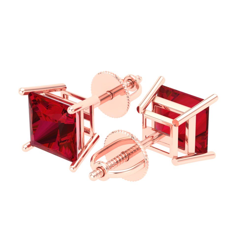 3 ctw Ruby Studs Earrings | 6.5mm Princess Cut White Gold Screw back | July Birthstone