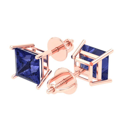3 ctw Tanzanite Studs Earrings | 6.5mm Princess Cut White Gold Screw back | December Birthstone