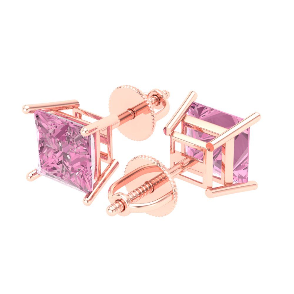 3 ctw Pink Zirconia Studs Earrings | 6.5mm Princess Cut White Gold Screw back | April Birthstone