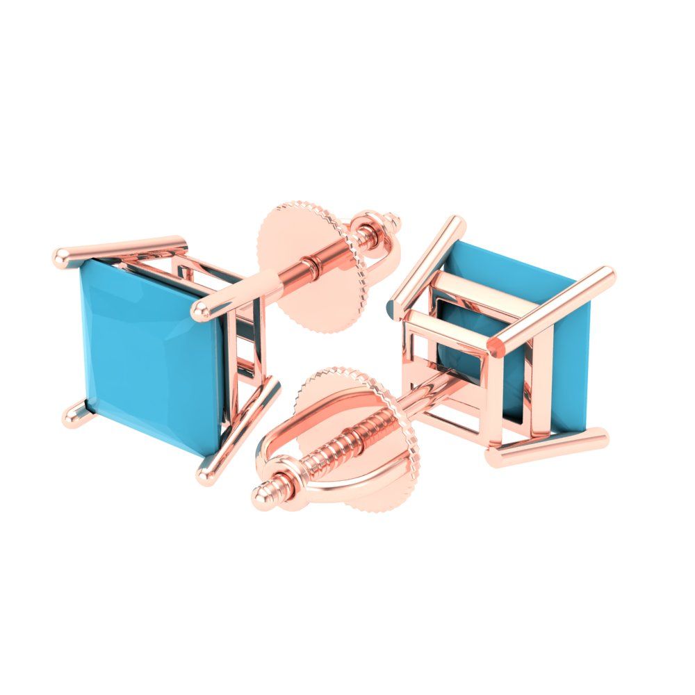 3 ctw Turquoise Studs Earrings | 6.5mm Princess Cut White Gold Screw back | December Birthstone