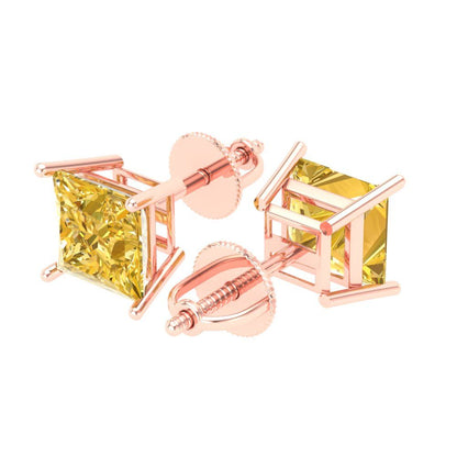 3 ctw Citrine Studs Earrings | 6.5mm Princess Cut White Gold Screw back | November Birthstone