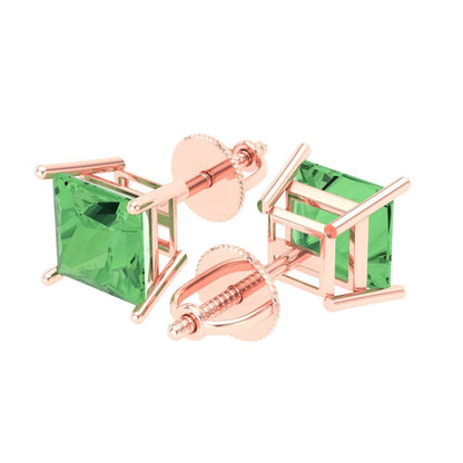 3 ctw Green Zirconia Studs Earrings | 6.5mm Princess Cut White Gold Screw back | April Birthstone