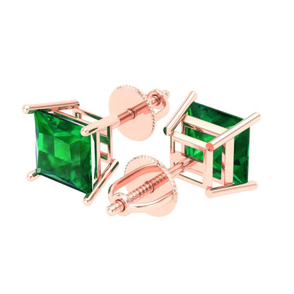 3 ctw Emerald Studs Earrings | 6.5mm Princess Cut White Gold Screw back | May Birthstone