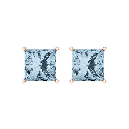 3 ctw Blue Zirconia Studs Earrings | 6.5mm Princess Cut White Gold Screw back | April Birthstone