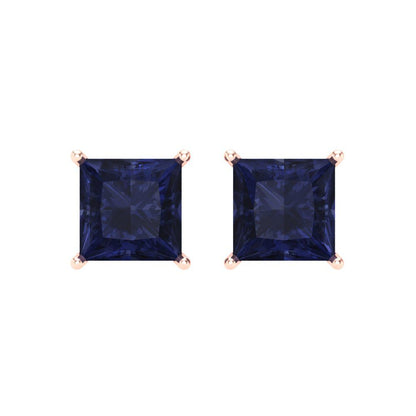 3 ctw Blue Sapphire Studs Earrings | 6.5mm Princess Cut White Gold Screw back | September Birthstone