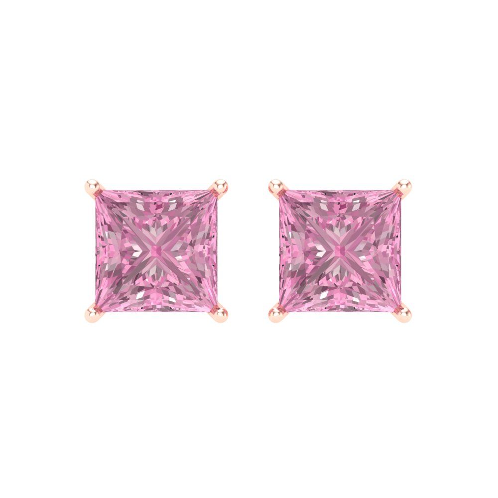 3 ctw Pink Zirconia Studs Earrings | 6.5mm Princess Cut White Gold Screw back | April Birthstone
