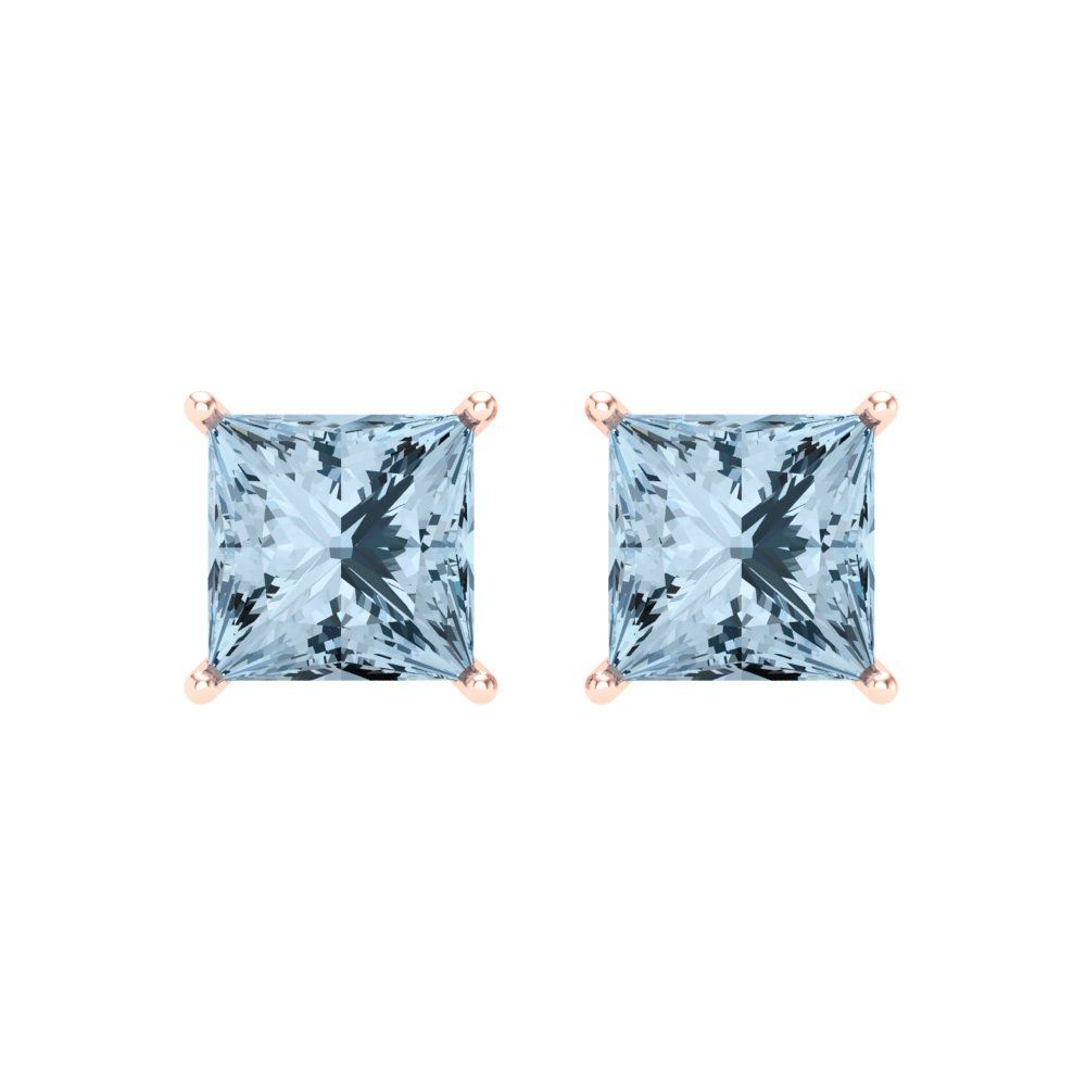 3 ctw Aquamarine Studs Earrings | 6.5mm Princess Cut White Gold Screw back | March Birthstone