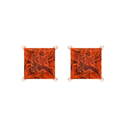 3 ctw Red Zirconia Studs Earrings | 6.5mm Princess Cut White Gold Screw back | April Birthstone