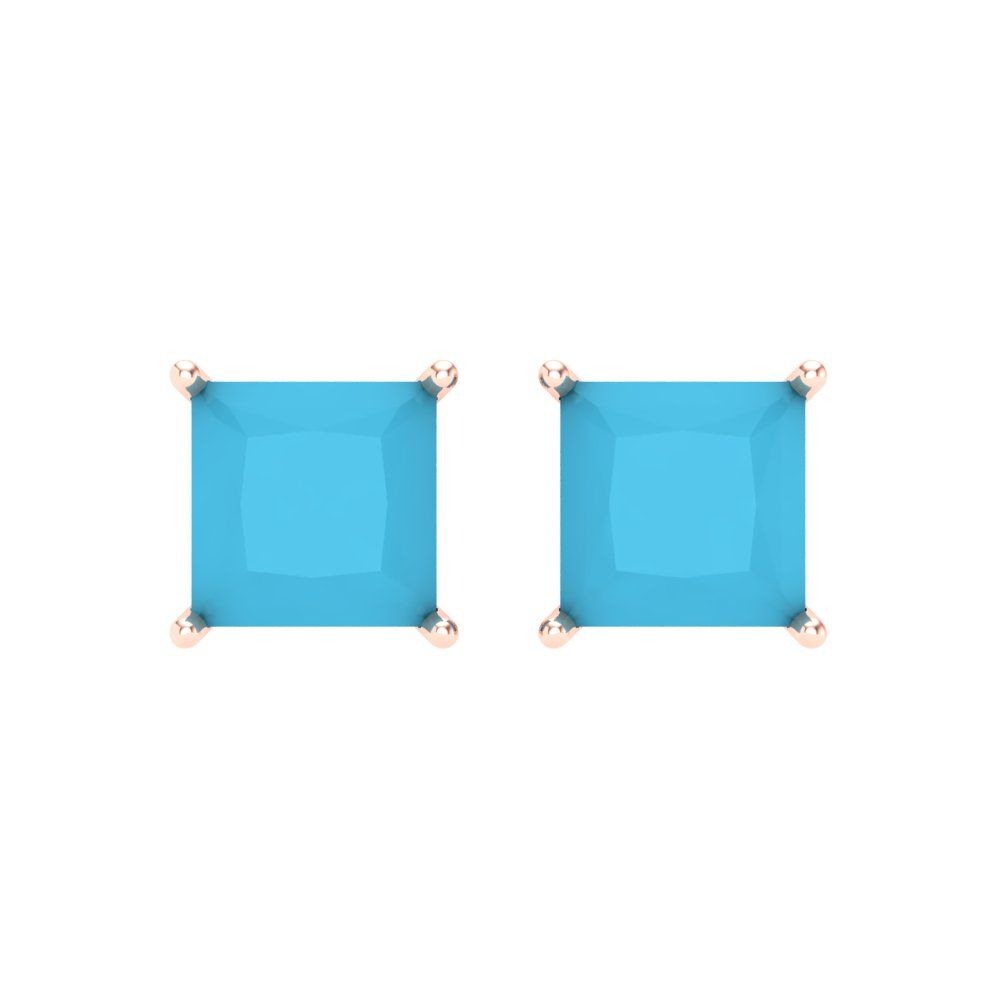 3 ctw Turquoise Studs Earrings | 6.5mm Princess Cut White Gold Screw back | December Birthstone