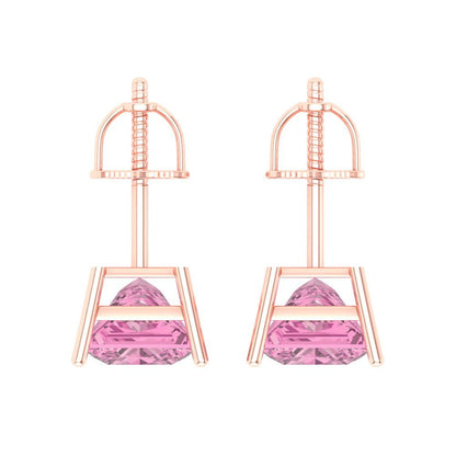 3 ctw Pink Zirconia Studs Earrings | 6.5mm Princess Cut White Gold Screw back | April Birthstone
