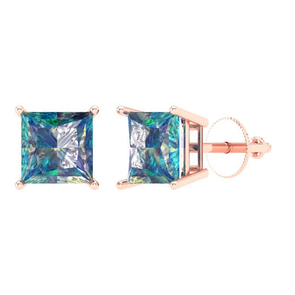 4 ctw Blue Moissanite Studs Earrings | 7.0mm Princess Cut White Gold Screw back | April Birthstone