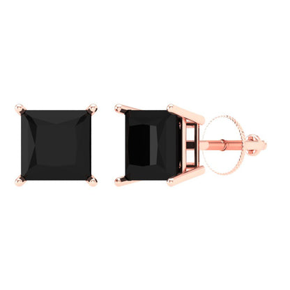 4 ctw Onyx Studs Earrings | 7.0mm Princess Cut White Gold Screw back | July Birthstone