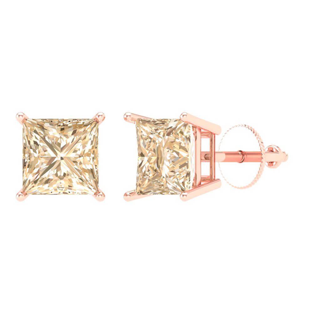 4 ctw Morganite Studs Earrings | 7.0mm Princess Cut White Gold Screw back | February Birthstone