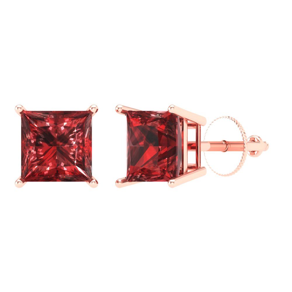 4 ctw Garnet Studs Earrings | 7.0mm Princess Cut White Gold Screw back | January Birthstone