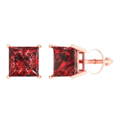 4 ctw Garnet Studs Earrings | 7.0mm Princess Cut White Gold Screw back | January Birthstone