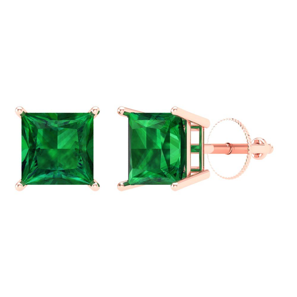 4 ctw Emerald Studs Earrings | 7.0mm Princess Cut White Gold Screw back | May Birthstone