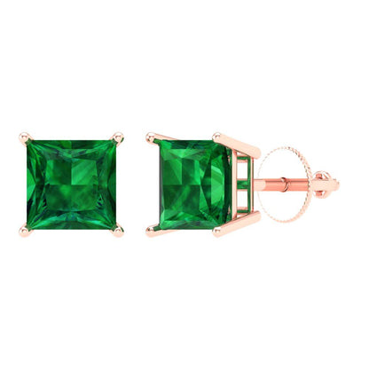 4 ctw Emerald Studs Earrings | 7.0mm Princess Cut White Gold Screw back | May Birthstone