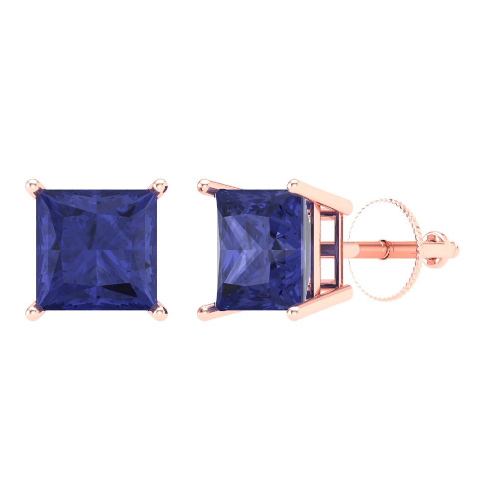 4 ctw Tanzanite Studs Earrings | 7.0mm Princess Cut White Gold Screw back | December Birthstone