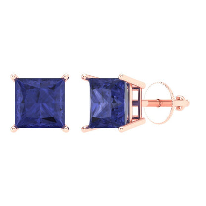 4 ctw Tanzanite Studs Earrings | 7.0mm Princess Cut White Gold Screw back | December Birthstone