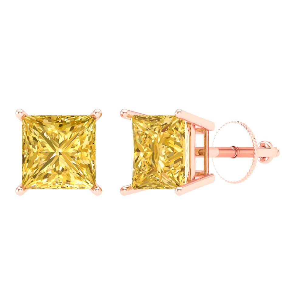 4 ctw Citrine Studs Earrings | 7.0mm Princess Cut White Gold Screw back | November Birthstone