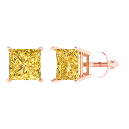 4 ctw Citrine Studs Earrings | 7.0mm Princess Cut White Gold Screw back | November Birthstone