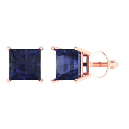 4 ctw Blue Sapphire Studs Earrings | 7.0mm Princess Cut White Gold Screw back | September Birthstone